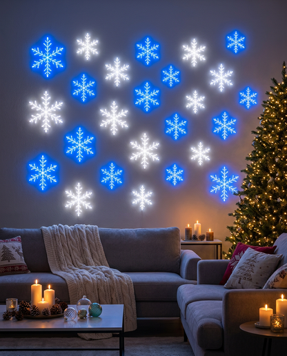 LumeFrost glowing snowflake lights on a living room wall