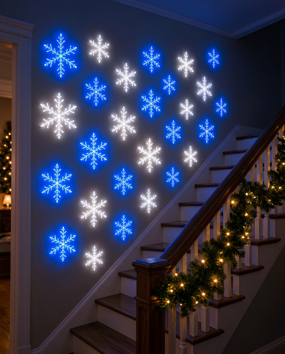 LumeFrost snowflake lights along a staircase wall
