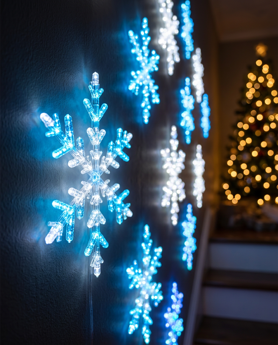 Close-up of a LumeFrost LED snowflake glowing icy blue and white