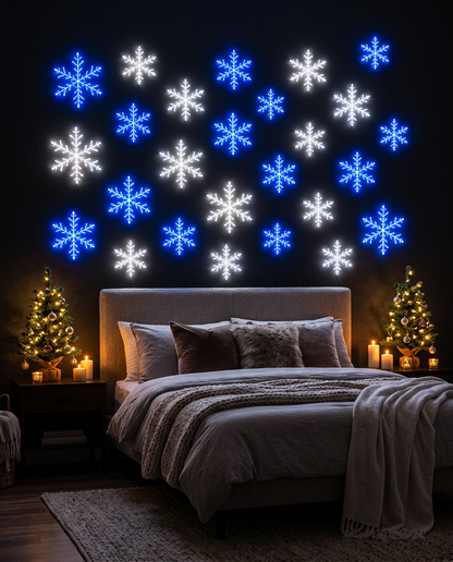 LumeFrost snowflake lights above a bed